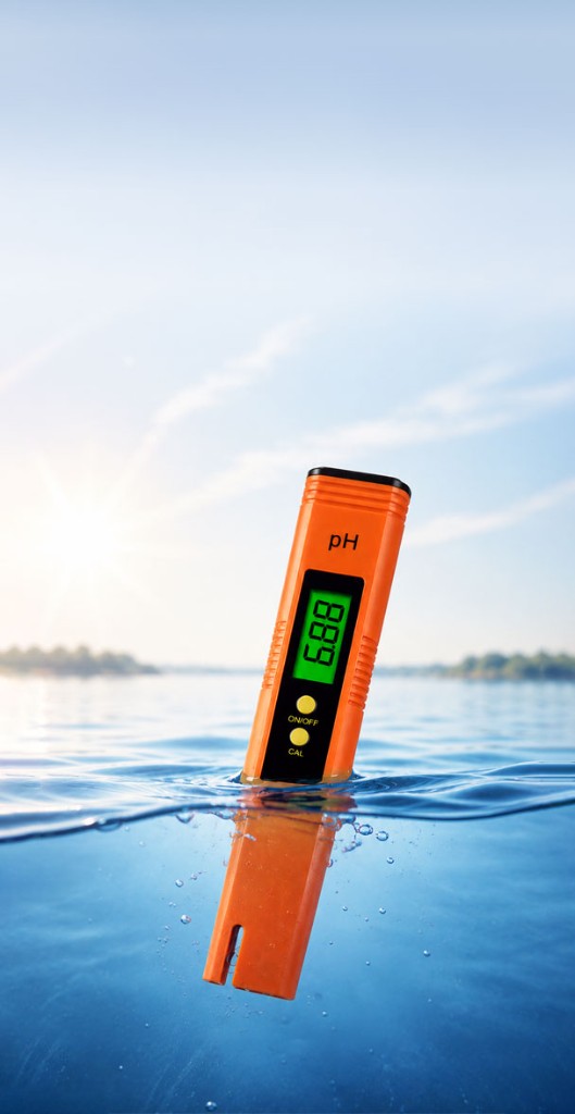 Tel-Aqua digital pH meter reading 6.88, partially submerged in clear outdoor water
