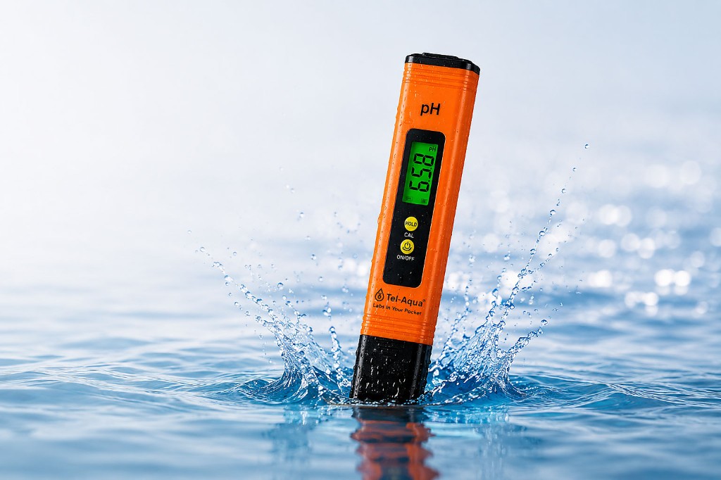 Tel-Aqua PH meter splashing in blue water