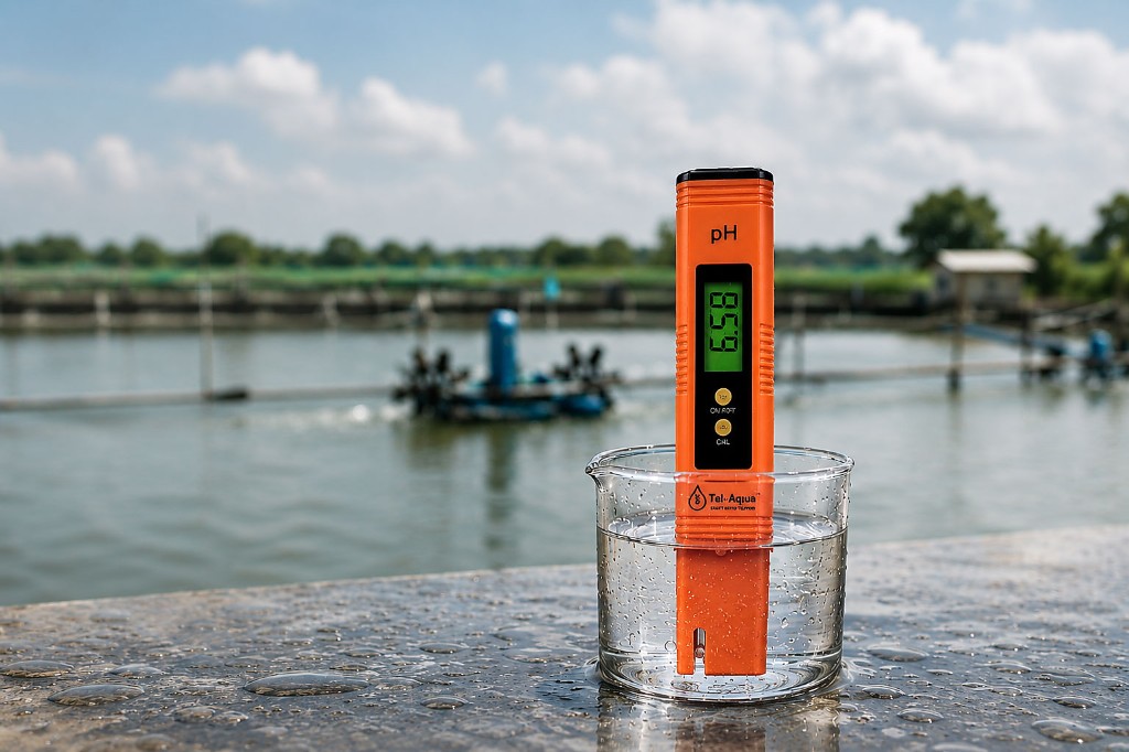 Tel-Aqua meter in a beaker at an aquaculture pond