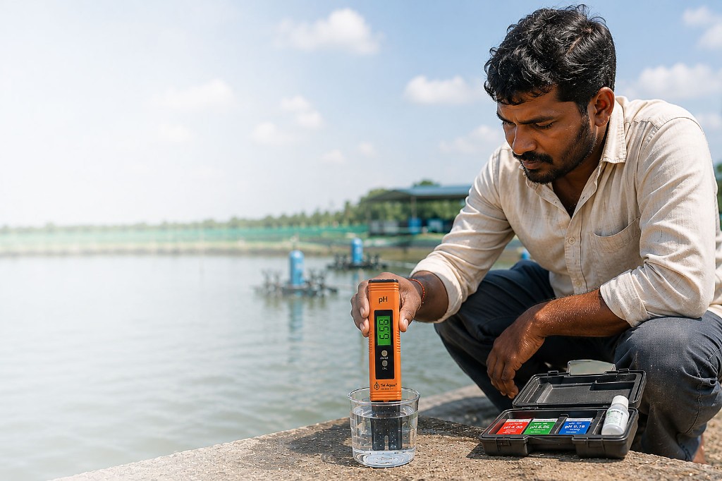 Farmer testing pond water with Tel-Aqua meter and calibration kit